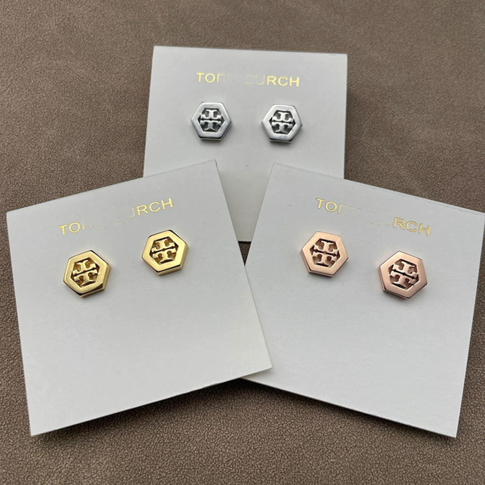 Tory Burch Pair Metal Geometric Hexagon Hollow Letter Stud Earrings